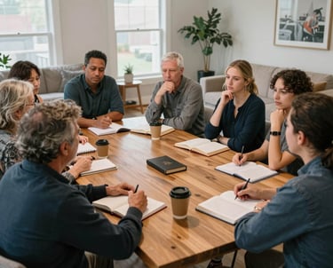 A cozy living room scene with a small group seated around a coffee table, open Bibles and notebooks, and a subtle microphone capturing their conversation.