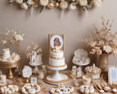 A beautifully decorated birthday table with pastel balloons and custom laser-cut name tags.