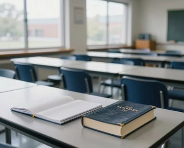 Photography of an elegant classroom setting in a North American community center, sunlight through large windows, notebooks and bibles on clean tables, atmosphere of education and spiritual depth, colors include sky grey and midnight blue.