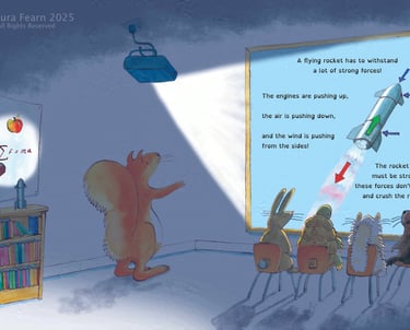 A classroom of animal engineers watching a projection of a rocket by Laura Fearn.