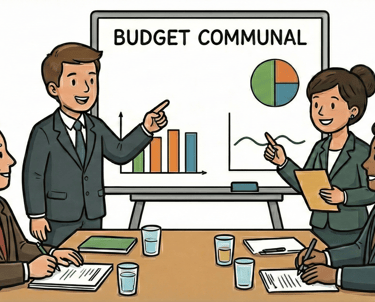 Des personnages étudiant le budget de la commune