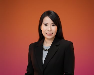 a woman in a black suit and a pink background