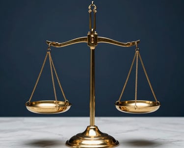 Elegant photographic composition of a golden scale of justice on a white marble surface, dark blue background, professional studio lighting.