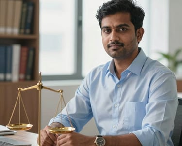 A professional South Asian / Indian legal consultant in a light blue shirt sitting in a bright, modern office with books and a golden scales of justice in the background.