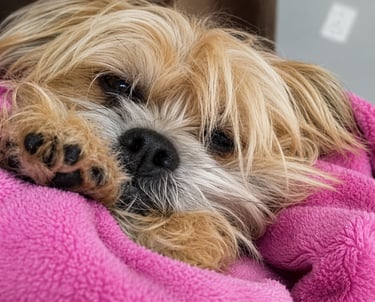 A small tan dog with a black nose nestled inside a soft pink fleece blanket.