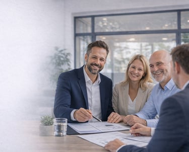 Smiling couple consulting with a professional financial advisor in a modern office setting.