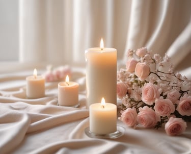 Soft pastel-colored journal and pen beside a cup of tea on a wooden table.