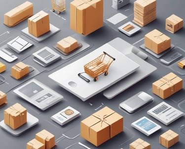 A vibrant workspace showing a laptop with multiple social media icons and packages ready to ship.