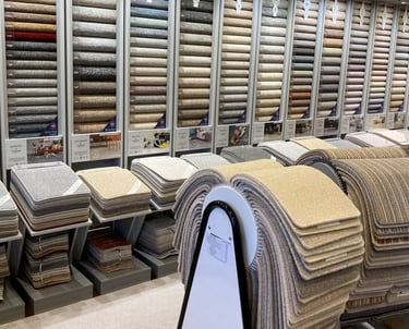 Showroom display featuring various textured carpet samples and rolls for home flooring.