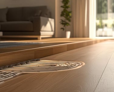 Hydronic radiant floor heating system pipes installed under modern LVT Screeded floor