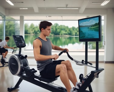 Young and older adults enjoying rowing workouts together.