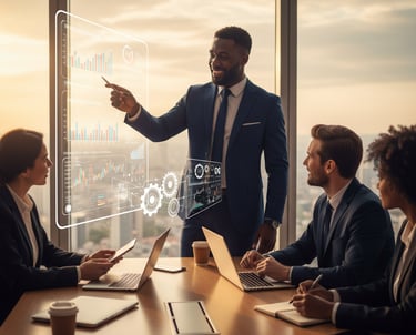 Empresário de terno em um escritório moderno, analisando gráficos de gestão financeira em um tablet,