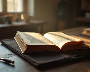 An open vintage book on a rustic wooden desk with a magnifying glass in warm sunlight.