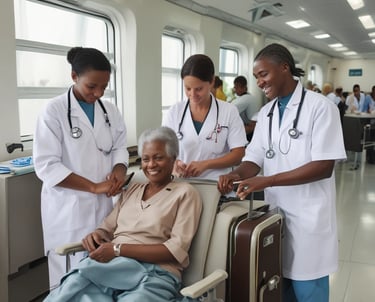 A caring doctor attending to a traveler in a bright hospital room.