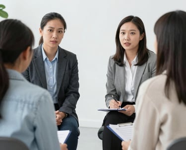 A friendly counselor discussing career options with a student in a bright, modern office.