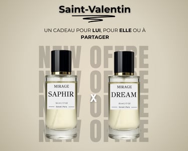 Flyer de la saint Valentin représentant le parfum saphir et dream l'un à côté de l'autre