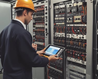 Technician analyzing electrical panel with diagnostic tools in an industrial setting.