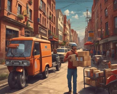 A delivery van parked outside a small neighborhood store with boxes being unloaded.