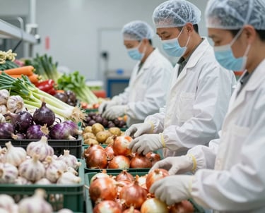 Close-up of fresh onions being inspected for quality in a bright warehouse.