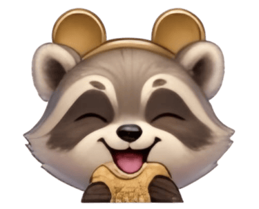 A cute, smiling raccoon emoji wearing golden round ears on a black background.