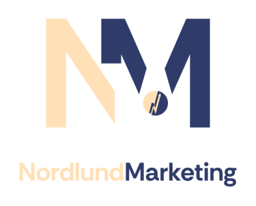 Nordlund Marketing logo featuring tan and navy blue NM initials