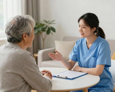 A caring nurse gently assisting an elderly woman in a bright, cozy home setting