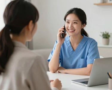 A caring nurse gently assisting an elderly woman in a bright, cozy home setting