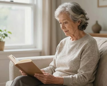 A caring nurse gently assisting an elderly woman in a bright, cozy home setting