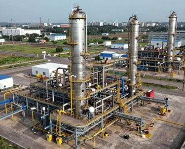 Technicians inspecting large-scale oil and gas equipment outdoors.