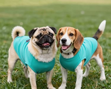 Un pug y un beagle con camisetas turquesas a juego, de pie sobre pasto.