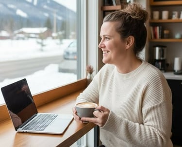 Friendly woman holding a cup of coffee looking out a window with a laptop in front of her