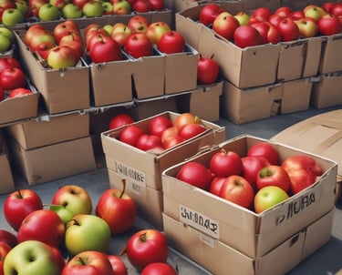 A vibrant orchard in the High Atlas mountains with ripe apples ready for harvest under clear blue skies.