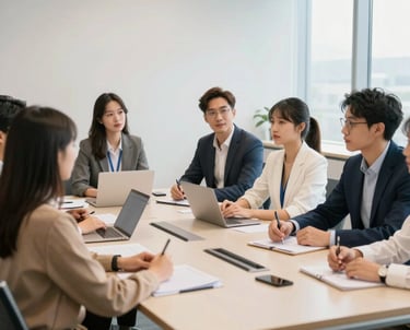 A group of aspiring young professionals in a bright, contemporary conference room, engaged in a leadership seminar. The composition is dynamic and inspiring, emphasizing collaboration and progress with a palette of tan, off white, and dark blue.