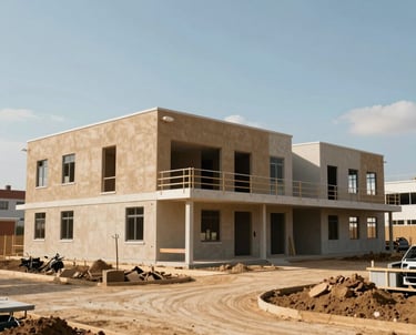 A hopeful scene of a community development project in an international setting, with clear bright lighting. The shot focuses on the clean architecture of a new public building under construction, representing sustainable impact and progress in tones of tan and muted blue.