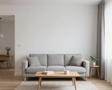 Bright and airy modern apartment living room with minimalist decor and large windows.