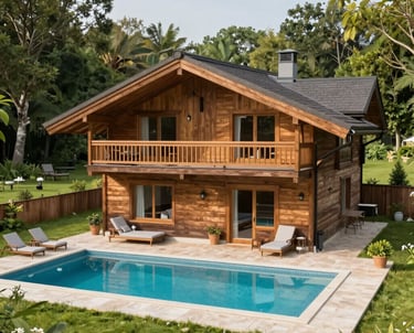 Elegant chalet exterior surrounded by lush greenery and a private garden.