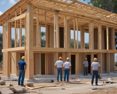 Modern real estate development office with blue and green accents reflecting the brand colors.