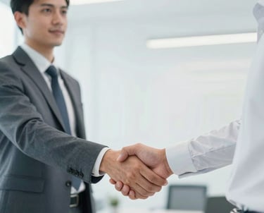 Two professionals in a bright, clean office having a respectful handshake. The style is professional and sophisticated, emphasizing trust and partnership with a palette of #F8F4F0 and #3D5B5F.