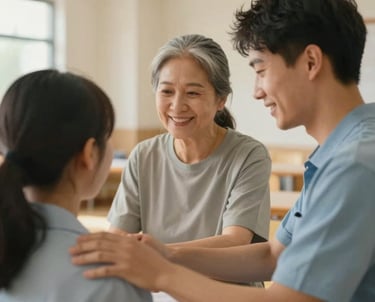 A person helping another in a dignified, warm setting, like a community center. The lighting is soft and golden, communicating compassion and stewardship, using #F8F4F0 and #3D5B5F.