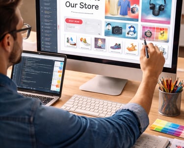 A web designer creating an e-commerce website layout on a desktop monitor in a home office.