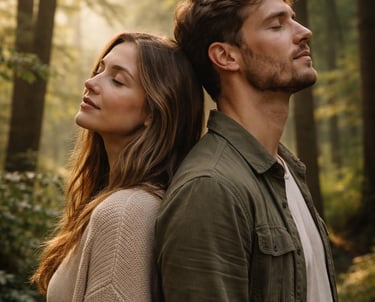 Una pareja tranquila, de pie espalda con espalda y con los ojos cerrados, se encuentra en un bosque 