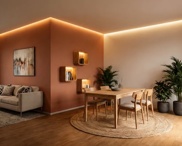 Perfiles LED a medida en foseado de techo y estanterías para luz indirecta.