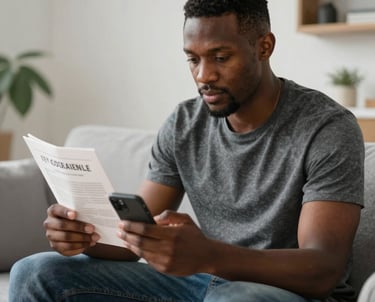 A friendly South African woman reading grant information on her smartphone at a cozy kitchen table.