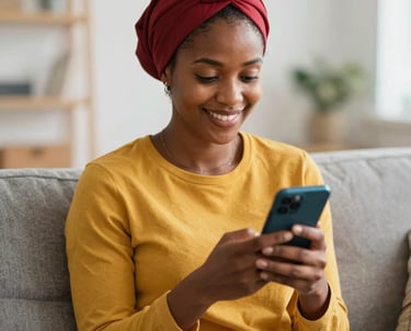 A friendly South African woman reading grant information on her smartphone at a cozy kitchen table.
