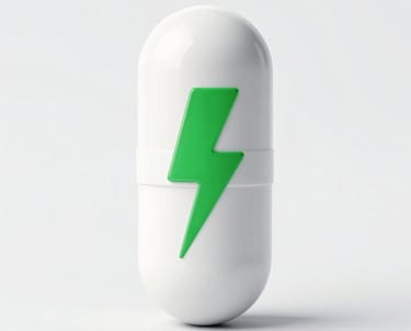 Dumbbells with protein powder scoop and workout supplement capsules with glowing green energy.