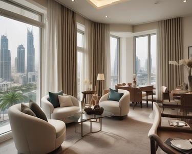 A cozy living room in a stylish homestay with warm lighting and tasteful decor.