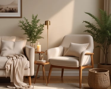 A serene, softly lit room with natural textures and calming sage accents.