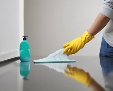 Professional cleaning team working together in a bright, modern office space.