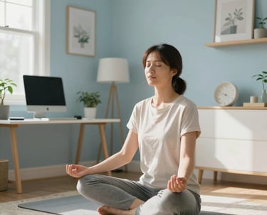 A person in a serene North American home office practicing deep breathing and mindfulness. The room is filled with sunlight and features calming light blue and off-white decor. The composition is peaceful and focused, reflecting personal development.