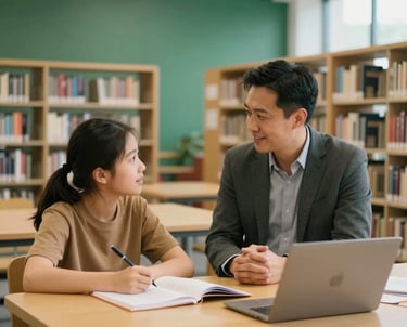 A bright, modern North American school library where a professional mentor is talking to a young adult student. Both are engaged in a constructive, positive conversation. The setting is academic and reassuring, using a palette of deep green and gold/tan tones.